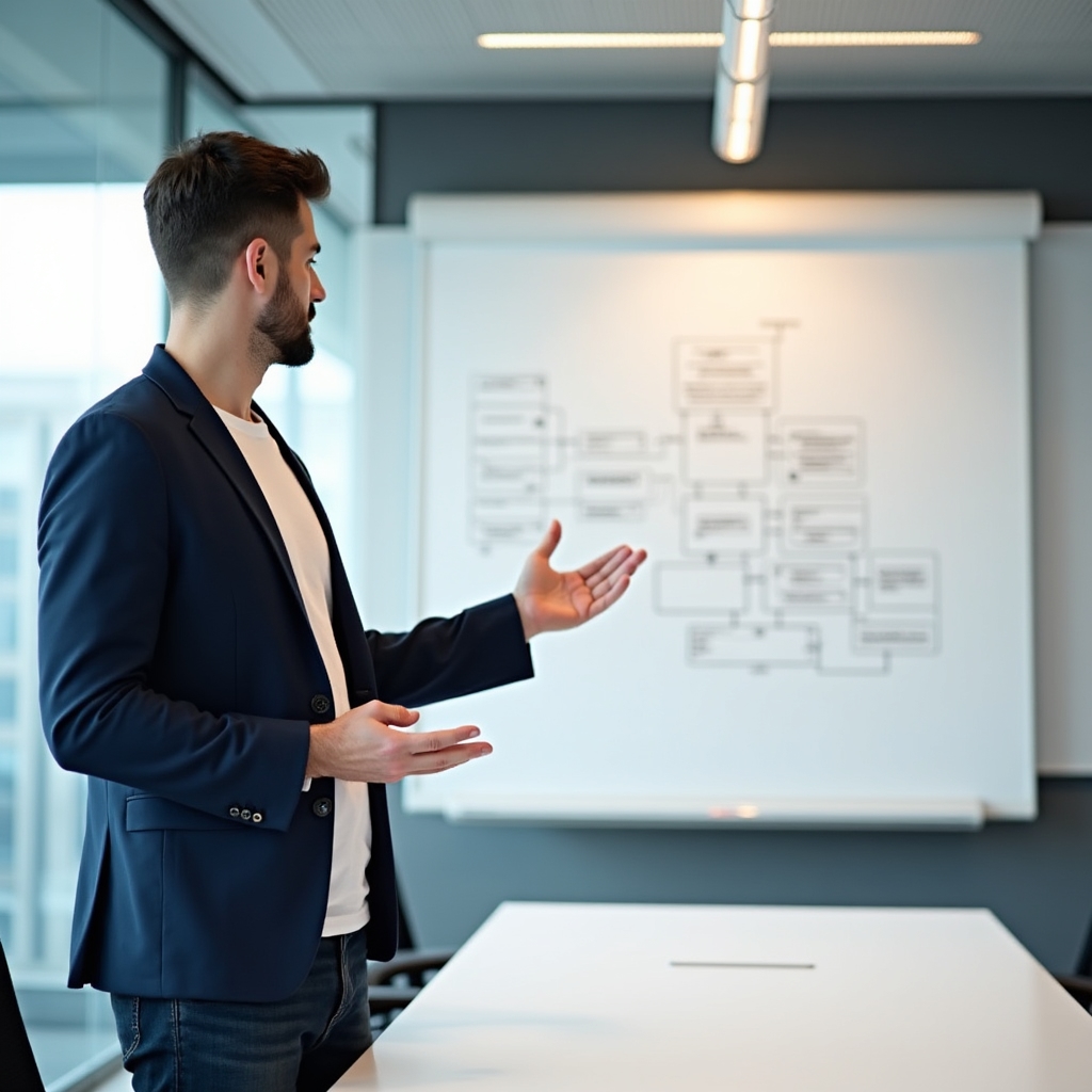 Консультант объясняет систему документооборота на доске